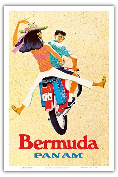 Bermuda - Couple on Scooter - Pan American World Airways - Vintage Airline Travel Poster c.1960s - Master Art Print (Unframed) 12in x 18in