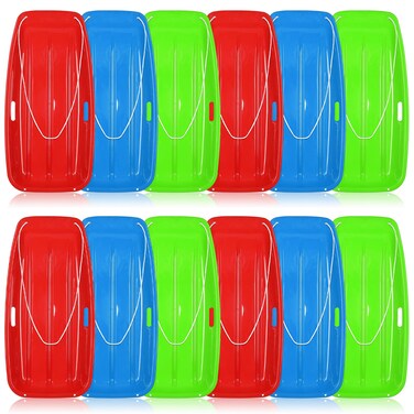 Leyndo 12 Pack 35 Inch Snow Sleds Durable Downhill Sleds Plastic Toboggan Sand Sleds with Built in Handles and Pulling Rope for Winter Snow Fun Outdoor, 3 Colors