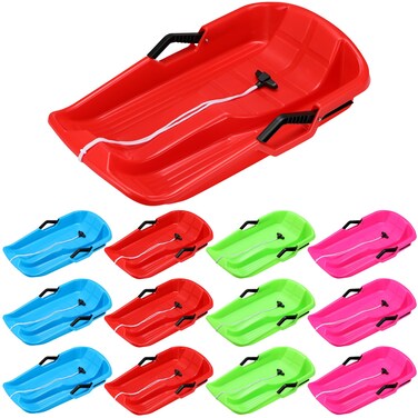 Liliful 12 Pieces 26 Inch Plastic Snow Sled for Kids Downhill Toboggan Snow Sled with Brakes 2 Handles Pull Rope Toddler Adults Sledding Board for Boys Girls Winter Outdoor Activities 4 Colors