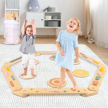 aiwo Kids Balance Beam and Stepping Stones, Montessori Toddler Balance Toy, Toddler Balance Beam Obstacle Course Build Coordination