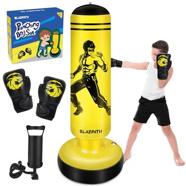 BLAZPATH Inflatable Punching Bag with Gloves Toy Set for Kids Toddler 3-8, Tall 66 Inch Blow Up Boxing Bag with Gloves Toy Set - Boys Girls Body Exercise/Karate Taekwondo Training/Pressure Relieving