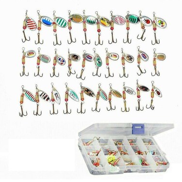 30pcs Fishing Lure Spinnerbait, Bass Trout Salmon Hard Metal Spinner Baits Kit with Tackle Boxes
