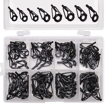 80 Pieces Fishing Rod Tip Repair Kit Fishing Rod Guides Rod Top Tips Replacement Rod Tips Kit Replacement Fishing Rod Tips 8 Sizes Stainless Steel Ceramic Ring Guide Tips, Black