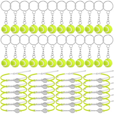 Sureio 48 Pcs Tennis Party Favors Gift Set 24 Tennis Charm Bracelets 24 Tennis Ball Keychain Key Ring Tennis Gifts for Adults Women Sport Lovers Team Accessories Bulk