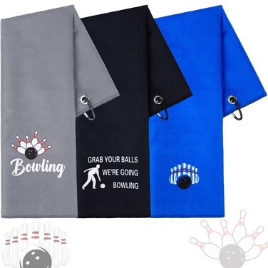 Newwiee 3 Pcs Bowling Towel Grab Your Ball We're Going Bowling Towel Bowling Ball Towel for Bowling Bags with Clip Bowling Gifts for Men Women Bowling Fans Christmas Birthday Gifts, Black Gray Blue