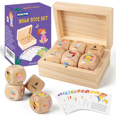 Homotte Wooden Yoga Dice Set for Kids, Fun Workout Game with 6 Exercise Dice, 12 Yoga Cards &amp; A Box, Mindfulness Mother's Day Christmas Yoga Set for Girls &amp; Beginners