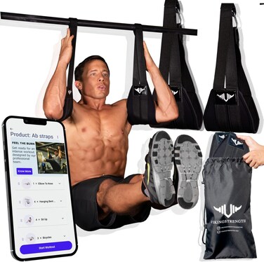Vikingstrength AB straps - Premium Padded Home Gym Exerciser Ab Slings pair for pull up bar - Hanging Leg Raiser Fitness for six pack - Workout Equipment for Men &amp; Women + Bonus Bag