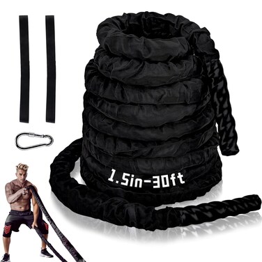 Exercise Battle Ropes 1.5 inch 30 ft - Heavy Duty Polyester Workout Ropes for Home Gym, Strength Training, and Fitness Equipment - Black