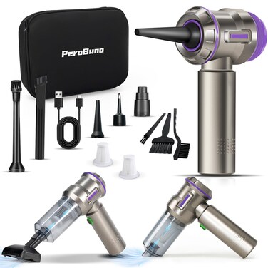 PeroBuno Air Duster for PC, 200000RPM Compressed Air, Mini Vacuum 2-in-1, Runtime Up to 35 mins, Brushless Motor Electric Air Blower with 3 Gear and Rechargeable Battery - Canned Air-Keyboard Cleaner