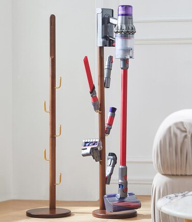 Rofio Vacuum Cleaner Stand, Compatible with Dyson V15 Gen5 V12 V11 V10 V8 V7 V6, Wooden Standing Dock for Dyson with 5 Hooks