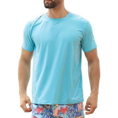 Swim Shirt for Men Rash Guard Short Sleeve Fishing Hiking Quick Dry Cool Water Summer Shirts Swimsuit for Men Aqua Blue L Recommended Larger Size 1-2