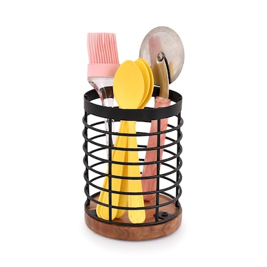 EDHAS Black Iron Kitchen Utensil Holder with Acacia Wooden Base Round Flatware Storage for Countertop (4.5" x 4.5" x 6")