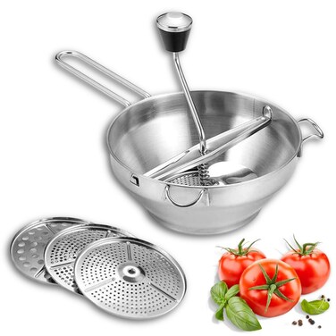 VINGVO Stainless Steel Food Mill With 3 Grinding Milling Discs,Bowl &amp; Milling Handle, Ergonomic Food Mill Hand Crank for Tomato Sauce,Applesauce Puree,Mashed Potatoes,Jams, Dishwasher