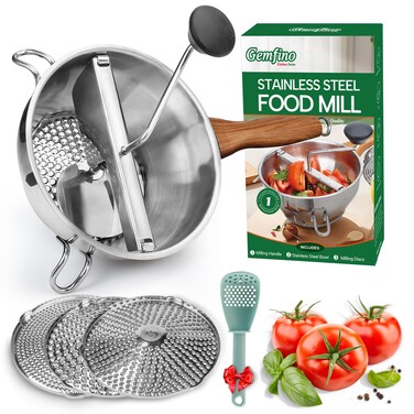 Stainless Steel Food Mill With 3 Milling Discs,Ergonomic design Rotary hand crank,Wood Grain Handle Food Mills For Tomato Sauce,Potatoes,Jams,canning,Dishwasher Safe,With Multifunctional Spoon,Blue MW
