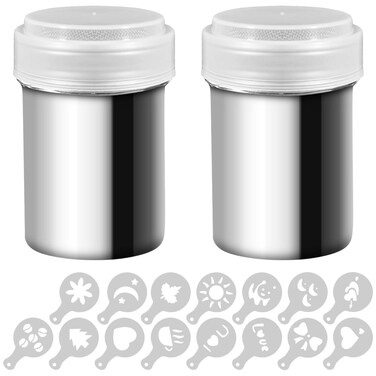 2 Stainless Steel Powder Shakers, SENHAI Mesh Shaker Powder Cans for Coffee Cocoa Cinnamon Powder with Lid, with 16 pcs Printing Molds Stencils