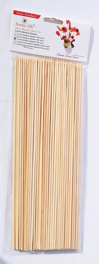 Sway-Oh 9" Natural Bamboo Skewers, 100 Count - &Oslash;=2.6mm. Natural Bamboo. Strong, durable, bamboo skewers to display bite-sized fruits, vegetables, meats, cheese, desserts, and other appetizers.
