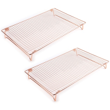 Kingrol 2 Pack Stainless Steel Cooling Racks with Collapsible Folding Legs, Stackable Grid Wire Racks for Cooking and Baking, Rose Gold
