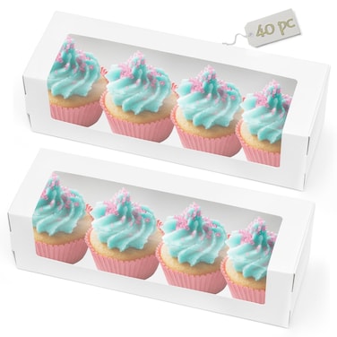 Kingrol 40 Pack White Bakery Boxes with Window, 12 x 4 x 3.5 Roll Cake Boxes, Rectangle Paper Boxes for Pastries, Desserts, Muffins, Donuts