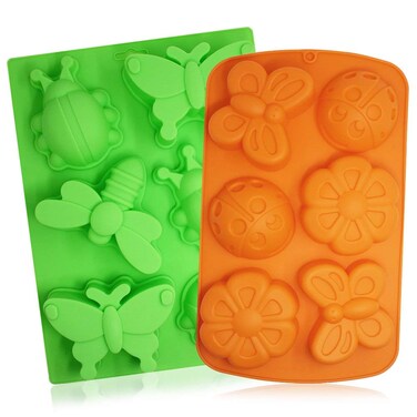 2 Pcs Insect shape Silicone Trays, SENHAI 6-Cavity 3D Dragonfly Butterfly Ladybug shape Cake Baking Molds, DIY Soap Handmade Muffin Biscuit Cookie Pans - Orange, Green