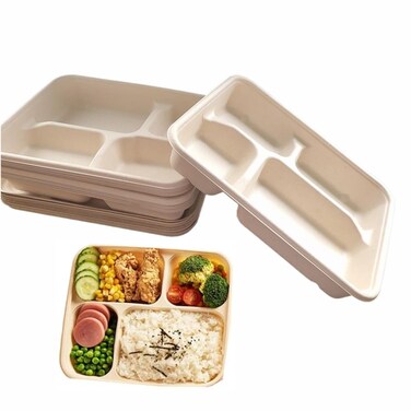 UQUABESO 4 Compartment Disposable Compostable Paper Plates with Lids, Biodegradable Four Grids Divided Sectional Plates for School Lunch Trays Microwave Freezer (1100ml, 10 Pack)