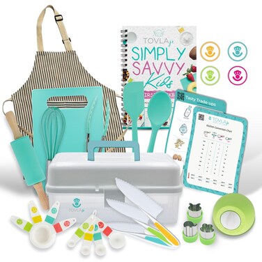Tovla Jr. Kids Real Cooking and Baking Gift Set with Cookbook and Storage Case- Montessori Complete Cooking Supplies for the Junior Chef - Set for Girls &amp; Boys - Utensils and Kid Safe Knives.