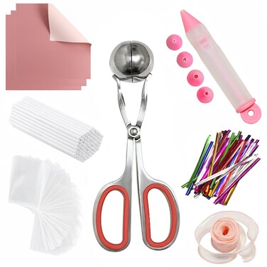 313 Packs Cake Pop Mold Kit, CHELIZIYA Cake Pop Roller Tool Set, with 100 Parcel Bags, 100 Treat Sticks, 100 Twist Ties, 10 Flower Wrapping Paper，1 Decorative Pen and a Roll of Ribbon