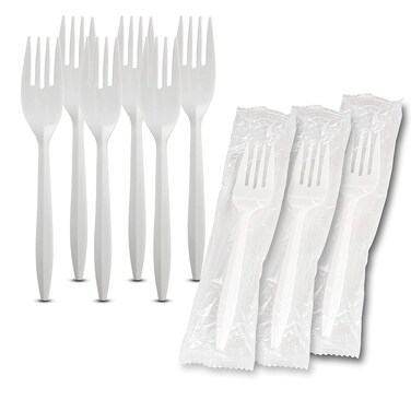 MT Products Individually Wrapped White Disposable Plastic Forks - Medium Weight - Pack of 100