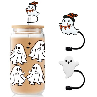 Halloween Ghost Glass Cups With Lid &amp; Straw - 16 oz Spooky Halloween Iced Coffee Tumbler, Cute Halloween Gifts for Women, Teens Girls, Boo Basket Stuffers Items, Include 2 Silicone Straw Covers