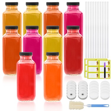 Encheng Glass Juice Bottles with Lids 16oz,Sqaure Juicing Bottles Reusable Glass Drinking Jars Set of 10,Empty 500ml Juice Containers Glass Bottles for Juice,Smoothies,Water,Kombucha