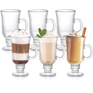 ZENFUN Set of 6 Irish Coffee Mugs, 8 Oz Glass Footed Espresso Cups with Handles, Clear Goblet Mugs Glasses for Coffee, Latte, Cappuccino, Smoothie, Hot&amp;Cold Beverages