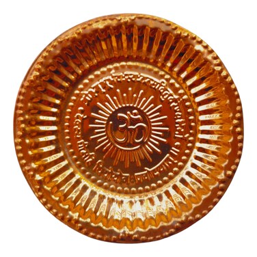 BHAVICREATION Cooper Plate Copper Puja Thali 8 x 8 inch Om Symbol Puja Thali for Temple Puja Pooja (Medium Size)