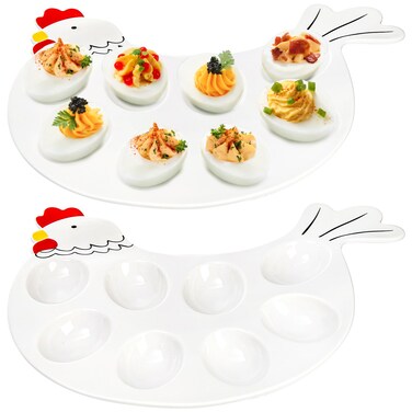 Hedume 2 Pack Deviled Egg Platter Tray, Ceramic Hen Modelling 8-Cup Egg Dish, Easter Egg Tray, Deviled Egg Plate for Kitchen Refrigerator Countertop Display