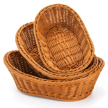 Yarlung 3 Pack Small Woven Breads Baskets, Oval Fruit Baskets Stackable Plastic Wicker Baskets for Serving Vegetables, Kitchen, Restaurant, Outdoor, Imitation Rattan Brown, 3 Sizes