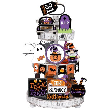 Umigy 15 Pcs Halloween Tiered Tray Decor Set Cute Halloween Wooden Signs Pumpkin Gnome Farmhouse Rustic Tiered Tray Decoration Items for Home Table House Room Kitchen Party