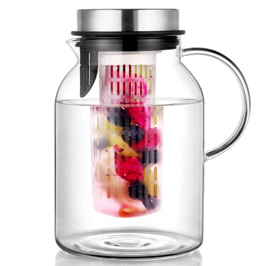 Glass Fruit Infuser Water Pitcher with Removable Lid, High Heat Resistance Infusion Pitcher for Hot/Cold Water, Flavor-Infused Beverage &amp; Iced Tea - 2 Qt