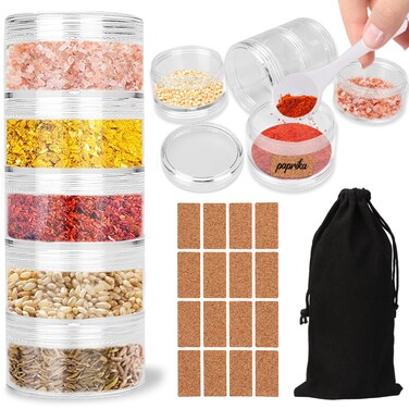 FWUNYVN 5 Layers Portable Travel Spice Jars with Label and Measuring Spoon, Multi Camping Spice Containers, Clear Small Spice Jars with Organizer Bag for Outdoor Cooking, Camping, Traveling,Barbecuing