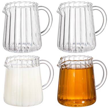 Yarlung 4 Pack Small Glass Pitcher, 8.5 Oz Clear Milk Creamer Pitcher with Handle, Creative Milk Frothing Coffee Pitcher for Table Serving, Salad Sauce