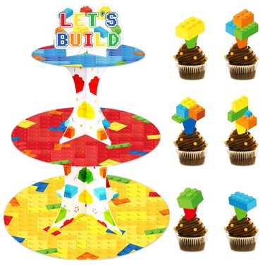 Building Block Cupcake Stand with 24pcs Cupcake Toppers for Blocks Birthday Party Decorations 3 Tire Brick Themed Cupcake Dessert Holder for Building Blocks Baby Shower Party Decor Supplies