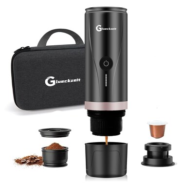Glueckzeit Portable Electric Espresso Machine with 3-4 Min Self-Heating Rechargeable Coffee Maker, 20 Bar Pressure Compatible with NS Capsule &amp; Ground Coffee for Travel, Camping, Office, Home