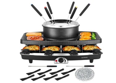 Befano 6-Cup Electric Cheese Fondue Pot, Combo with Raclette Machine for 8 People and Indoor Grill, Simple Adjustable Thermostats, Perfect for Parties and Family Fun