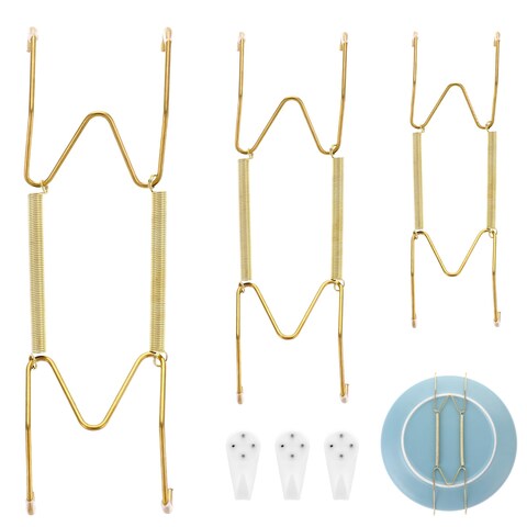 COMNICO 3pcs Plate Hanger for Wall, Stainless Steel 6 8 10 Inch Plate Hangers Invisible Decorative Wire Plate Holder with 3 Pack Wall Hooks and 15pcs Transparent Rubber Tip(Gold)