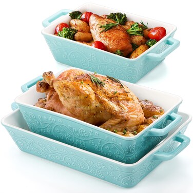 Okllen Set of 3 Casserole Dishes for Oven, Ceramic Baking Dishes with Handles, Rectangular Lasagna Pan Bakeware Set for Baking Cooking, Roasting, Broiling, Gratin, Wedding &amp; Housewarming Gift, Blue