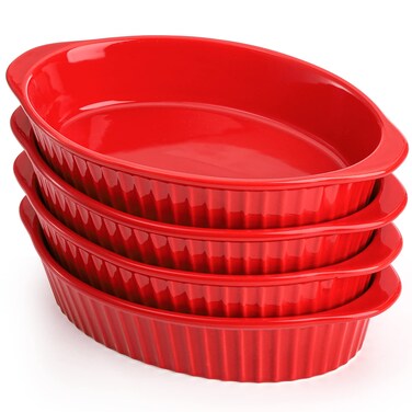Foraineam 4 Pcs 15 oz Porcelain Oval Baking Dish Set, 8.7 x 5.3 x 1.7 inch Oven Safe Au Gratin Pans Small Table Serving Dishes, Lasagna Pan Cr&egrave;me Brulee Bakeware Set with Double Handles