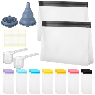 Cosblank 21 Pcs Protein Powder Travel Container Set Single Dose Reusable Powder Supplement Packets Portable Travel Powder Organizer Zip up Bags with Funnels, Spoons and Sheet Labels