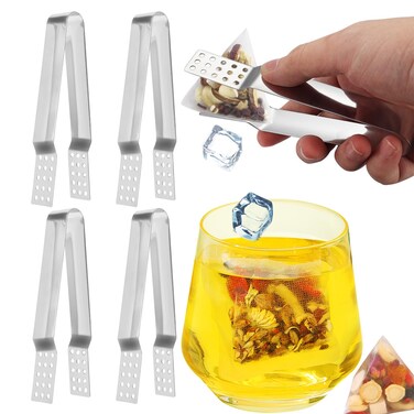 4 Pack Stainless Steel Tea Bag Tongs Metal Non-Slip Tea Bag Squeezer Grabber Tongs Tea Bag Holder Strainer Clip Kitchen Bar Tools for Tea Bag Ice Cube Sugar Lemon Slice