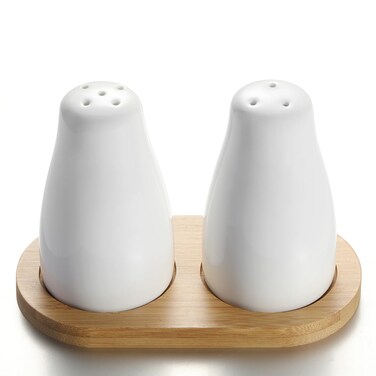 UDQYQ Modern White Ceramic Salt and Pepper Shaker Set with Bamboo Tray, 2 Pieces