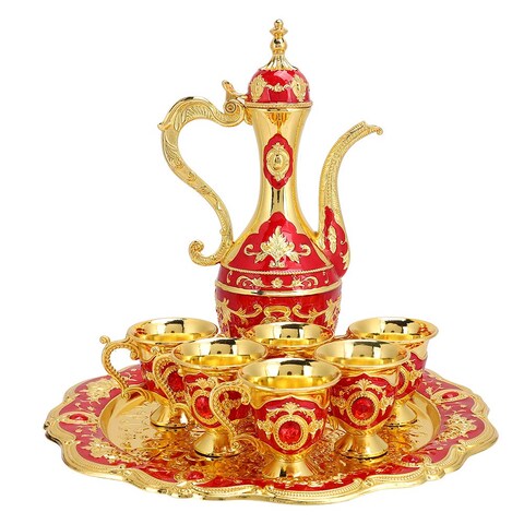 LIYJTK Turkish Coffee Pot Set Metal Turkish Tea Set with 6 Luxury Coffee Cups and Craft Tea Tray Teapot Set Home Art Crafts for Tea Coffee Tea Table Decor Wedding Gift(Gold &amp; Red)