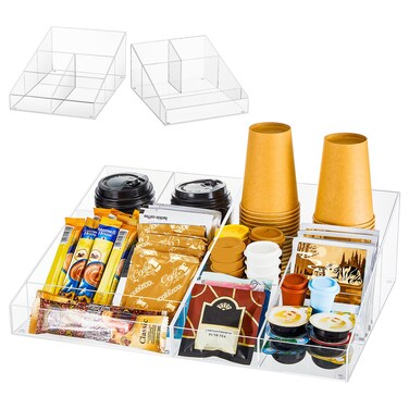 Lineshading 2 Pcs Acrylic Coffee Station Organizer for Countertop Coffee and Tea Condiment Storage Organizer with 9 Compartments Totally Coffee Bar Accessories for Home Office Breakroom, 2 in 1 Design