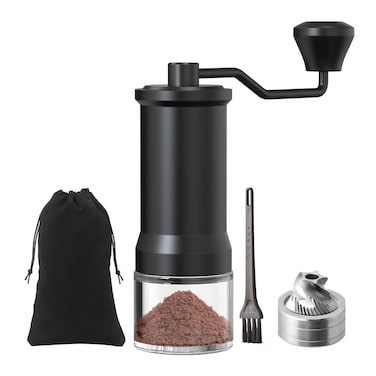 ELMWAY Manual Coffee Grinder, Stainless Steel Conical Burr Hand Coffee Grinder Mill, Adjustable for Fine/Coarse Grind for home, travel, and Coffee lovers Best Gifts (Black with Glass Container)