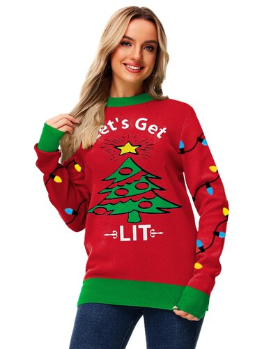 Christmas Sweater for Women Men Xmas Trees Ugly Warm Sweatshirt Festival Couples Adult Knit Pullover Red XXL